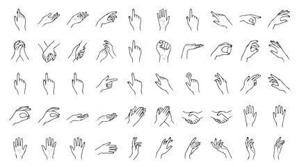 Fototapeta premium Minimalist hand gestures line art collection, 50 hand icons set in thin black outline, elegant human hand poses for UI design and branding