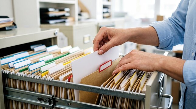 Office organization skills, a close-up of hands organizing colorful manila folders in a filing cabinet