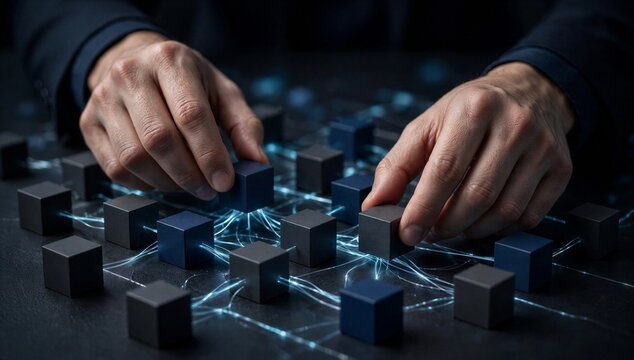 Hands assemble glowing modular blocks into a network, symbolizing ai agent infrastructure, orchestration, and scalable compute for autonomous intelligence.