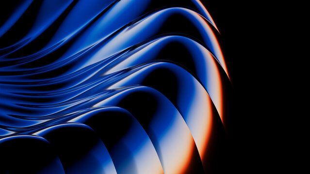Abstract 3D rendering of flowing blue waves on dark background