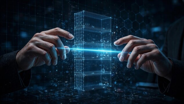 Hands interact with a hologram container and data grid, symbolizing container registry scanning, vulnerability check, and secure deployment.
