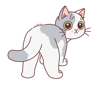 Pastel colored cute spotted cat looking back. Vector illustration. Cute cats series. 