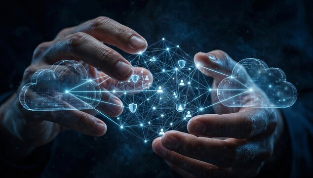 Hands touch glowing cloud network, symbolizing federated identity hybrid, secure access, trust, and digital authentication.