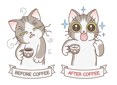 Cute cat character before and after drinking coffee. Vector illustration. Cute cats series. 