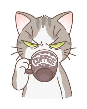Grumpy and tired cat drinking morning coffee. Vector illustration. Cute cats series. 