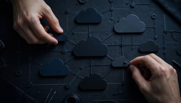 Hands arrange cloud icon on circuit board, symbolizing multi cloud architecture design, integration, security, and scalable infrastructure.