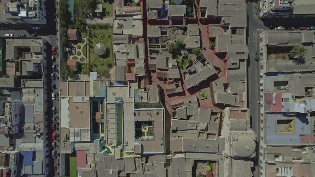 Aerial view of the historic center of Arequipa, showing colonial rooftops, narrow streets, and courtyards in Arequipa, Arequipa, Peru.