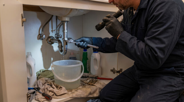 Experienced handyman fixing leaky kitchen or bathroom sink pipe under cabinet, using wrench and flashlight to illuminate plumbing, with water dripping into collection bucket.