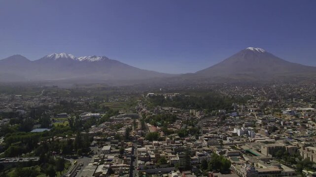 Aerial view of the city of Arequipa with the Misti volcano in the background under a clear blue sky in Arequipa, Arequipa, Peru.