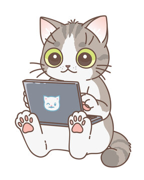 Cute cat working on laptop. Vector illustration. Cute cats series. 