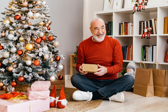 Happy senior man holding gift box sitting by Christmas tree at home
