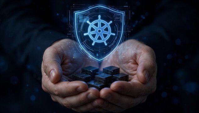 Hands hold a glowing kubernetes shield, symbolizing k8s security best practice, cluster protection, and secure cloud defense.