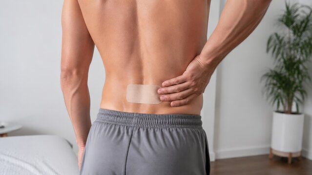 A shirtless man with a medical adhesive patch on his lower back stands in a home room, addressing muscle strain and seeking relief from chronic physical pain