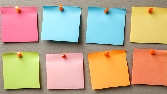 Colorful sticky notes on wall for brainstorming session. Vibrant paper squares used in team planning and creative workshops.