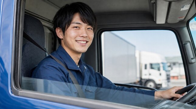 トラック業界で活躍する日本の若手男性ドライバーJapanese young male truck driver