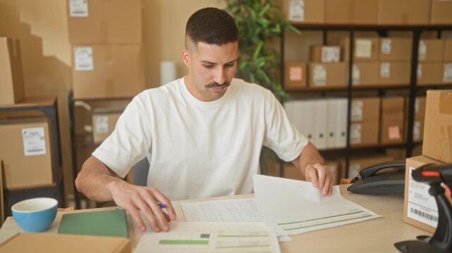 Man sorting packages and flipping papers with hands at desk in building while checking invoices with pen and phone nearby; orderly concentration.