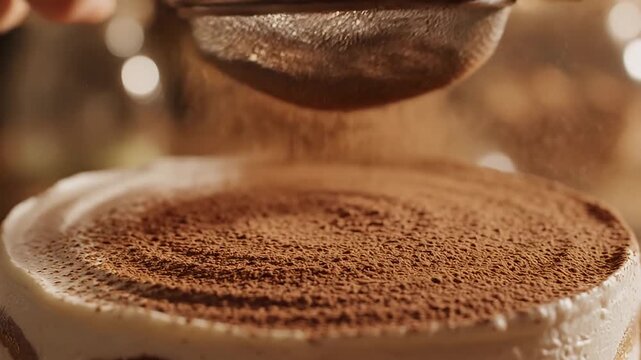 Dusting cocoa powder on a creamy dessert with a sifter