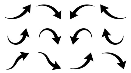 Fototapeta premium A collection of twelve black curved arrows with various directions and shapes.