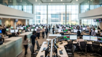 Obraz premium blurred wide angle of busy corporate trading floor, stock market analysts at workstations, financial office atmosphere.