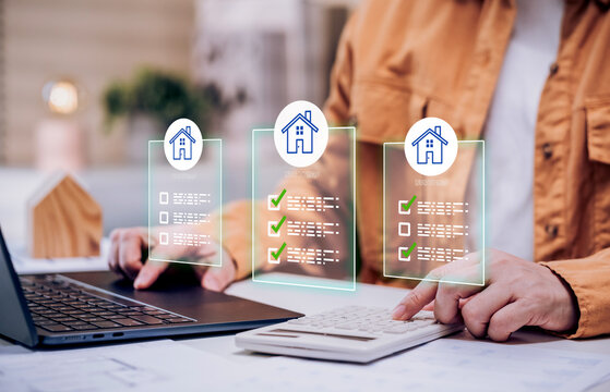 real estate mortgage loan helps calculate and compare finance for property, as a young couple looking for a new residential home to buy makes a confident financial decision.