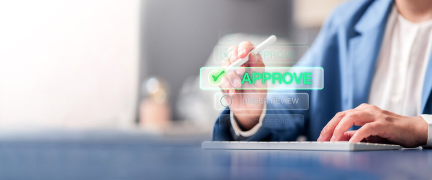 Business managers approve quality control authorisation for compliance validation and assurance review during a final evaluation of the standard certificate for successful business growth.
