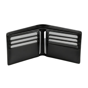 Open black leather wallet with credit card slots isolated on transparent background