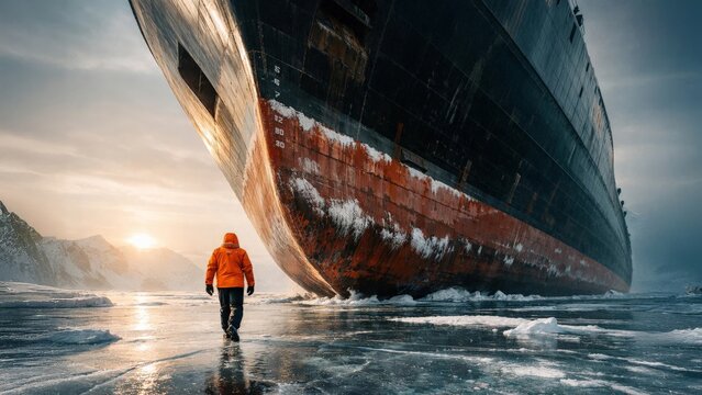 Explorer in orange jacket walking across frozen sea toward massive ship, dramatic arctic landscape with ice and winter light.