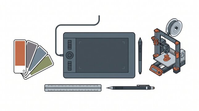 Digital art and design tools, a modern creative workspace with graphic tablet, stylus, color palette, and 3D printer, essential equipment for illustrators and designers.
