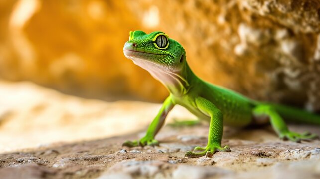 A Bright Green Lizard Exploring a Sunny Desert Rock Landscape in Focus