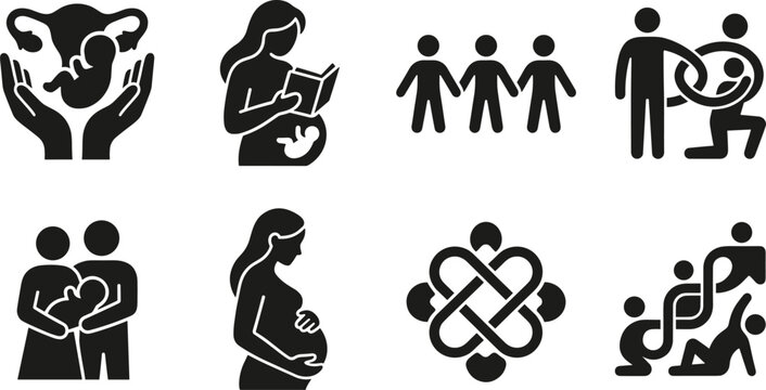 Maternity and family bonding vector icon set featuring pregnant women reproductive health and community support concepts