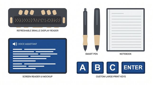 Assistive Technology Devices, a collection of accessibility tools for visually impaired users. Refreshable Braille display reader, smart pen, screen reader UI mockup