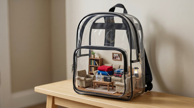 Miniature living room scene with furniture, blankets, water bottles, and radio is contained within clear backpack, offering whimsical and portable domestic space concept