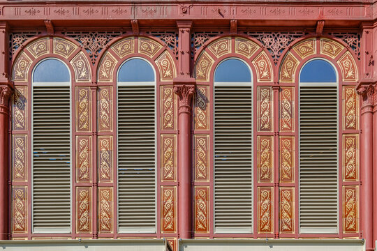 Cast Iron Windows of Mercat de Sant Antoni (Market), Barcelona, Red Metallic Structure, Decorative Ceramic Tiles