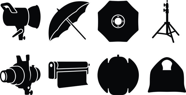 Professional photography studio equipment silhouette vector icon set featuring lighting modifiers, backdrops, and stands