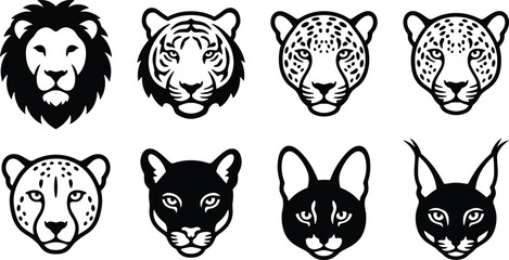 Set of black wild cat head vector silhouettes featuring lion, tiger, leopard, and various predator animals © KaziMdFerdausAlam