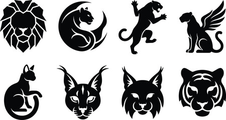 Set of black wild cat and mythical creature vector silhouettes featuring geometric lion and winged panther © KaziMdFerdausAlam
