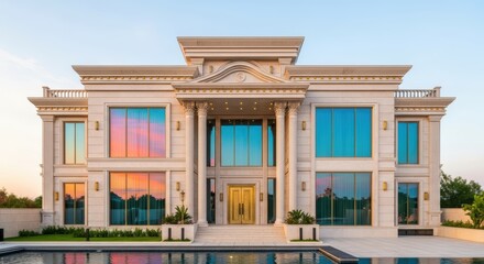 Obraz premium A majestic modern villa features symmetrical cream marble architecture, elegant golden trims, reflective windows, and a columned entrance, reflective, high-end, columns