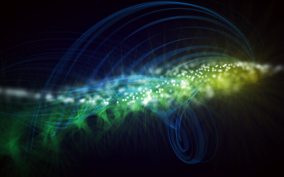 A captivating digital abstract image featuring a vibrant wave-like formation with luminous particles and swirling light trails against a deep black background