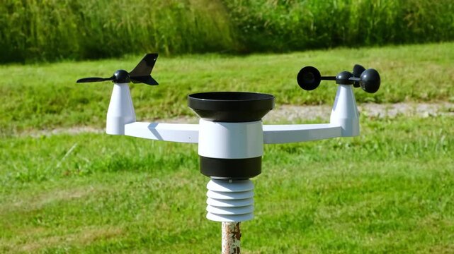 Modern wireless weather station. There are sensors of temperature and humidity, Wind speed and direction, Rain gauge and snow sensors. Solar panel. Meteorological equipment, smart home technology. 4K.