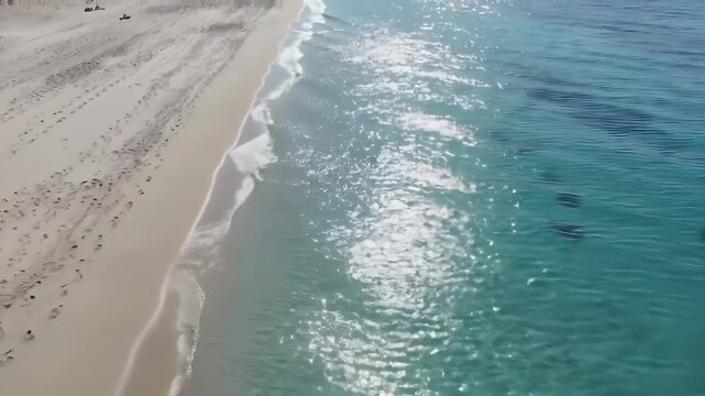 Aerial view of a sandy beach with gentle waves lapping the shore and footprints in the sand.