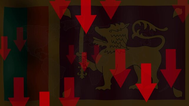 Sri Lanka Economic Crisis: The Sri Lankan flag is depicted with descending red arrows, symbolizing a severe economic downturn and financial instability.