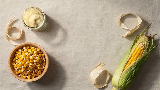Complemented by a small glass jar of fine yellow cornmeal and scattered dried corn husks in calm diffused light