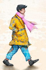 Digital collage of a man in a coat walking in cold windy weather