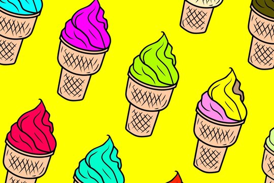 This picture shows a vector pattern of various brightly colored ice cream cones with doodle style.