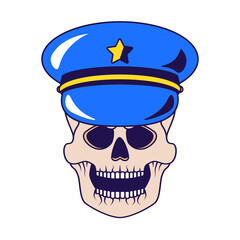 Withered laughing skull with Police officer cap dressed on head. Zombie in headdress for design of cartoon illustration. Skeleton cranium cartoon vector of spooky character isolated on white