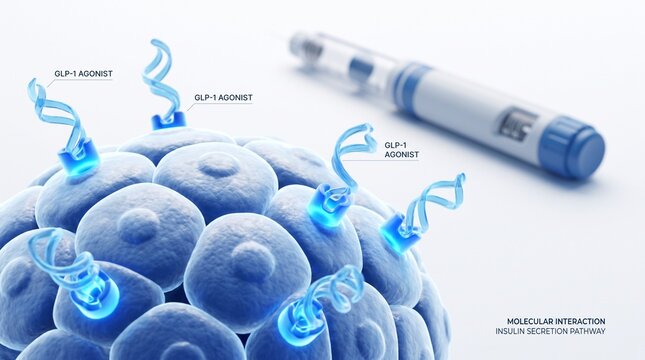 A conceptual 3D illustration of a GLP-1 receptor agonist molecule binding to pancreatic cell receptors