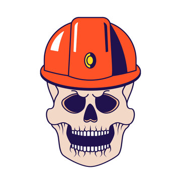 Withered laughing skull with Miner helmet treasure hunter dressed on head. Zombie in headdress for design of cartoon illustration. Skeleton cranium cartoon vector of spooky character isolated on white
