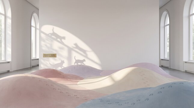 Contemporary art installation featuring a playful cat motif on pastel-colored dunes, casting whimsical shadows on a sunlit gallery wall