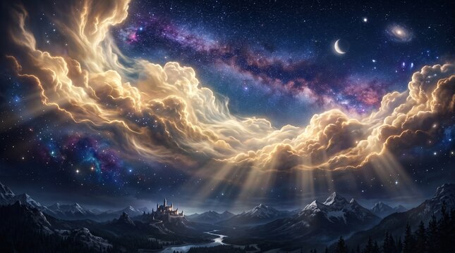 Majestic Night Sky with Bright Milky Way Clouds and Celestial Bodies Over Mountain Landscape