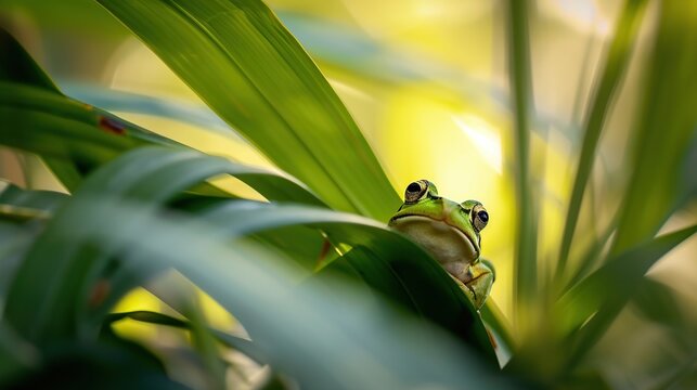 A small bright green frog perched on a broad leaf among sunlit tropical jungle foliage